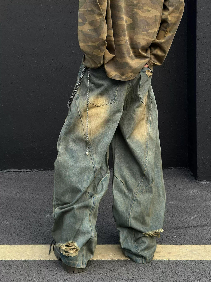 Muddy Washed Distressed Barrel Jeans