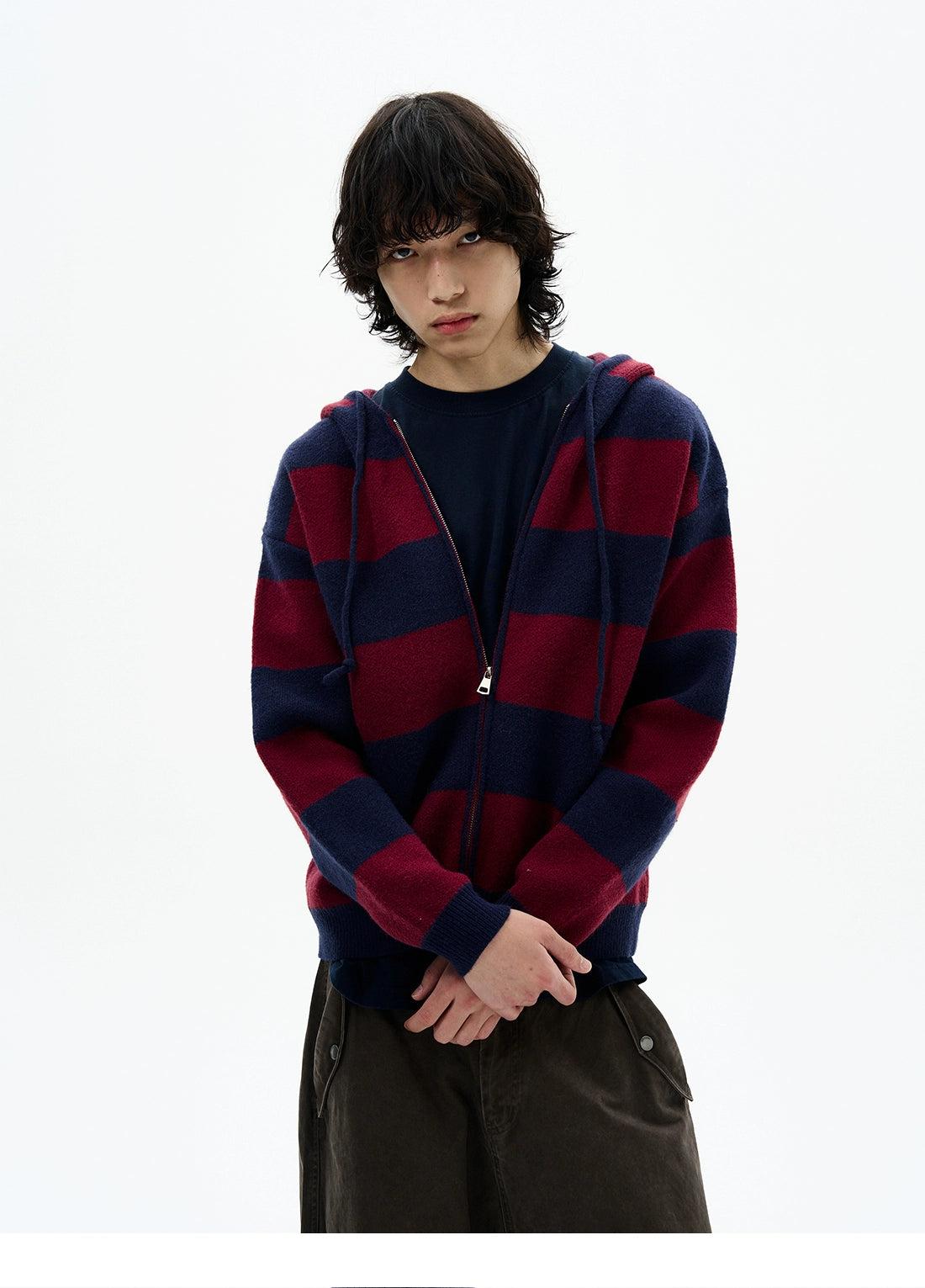 Wide Striped Zip-Up Knit Hoodie