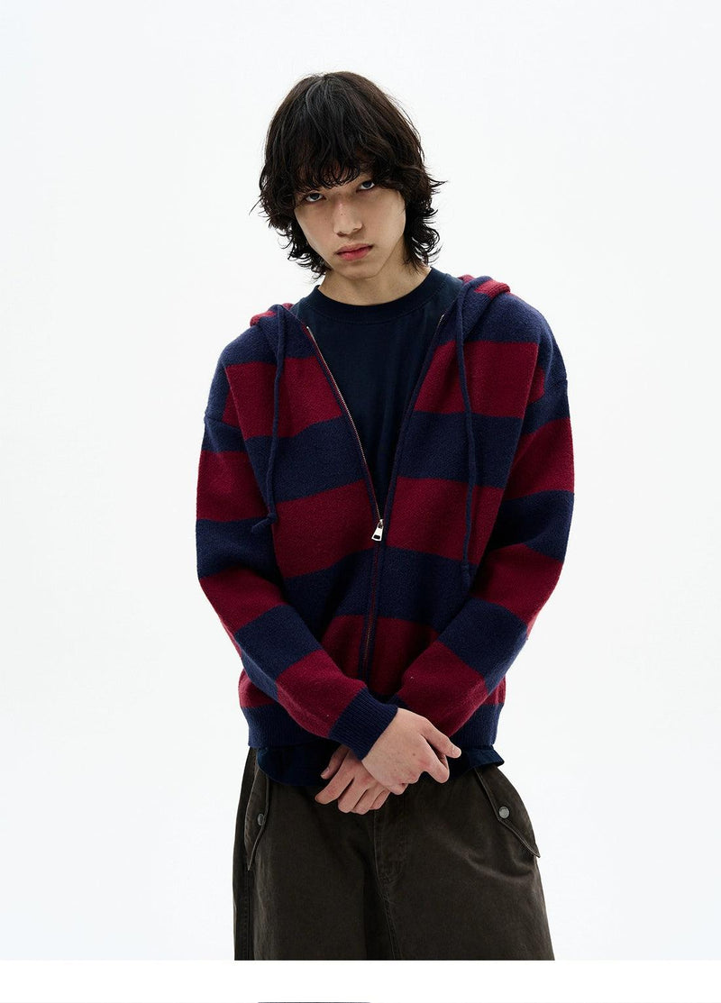 Wide Striped Zip-Up Knit Hoodie