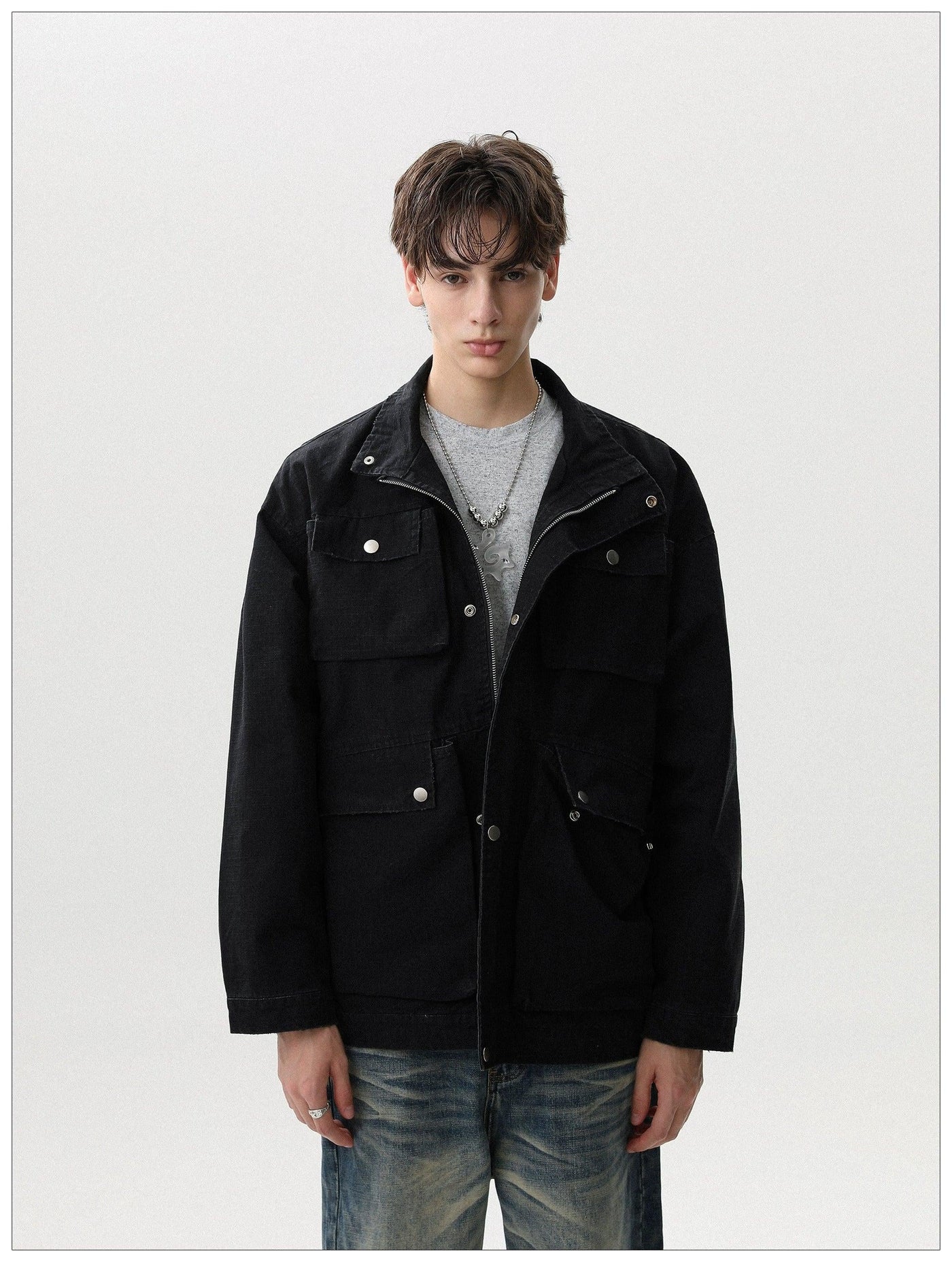 Multiple Pockets Snap Buttoned Jacket
