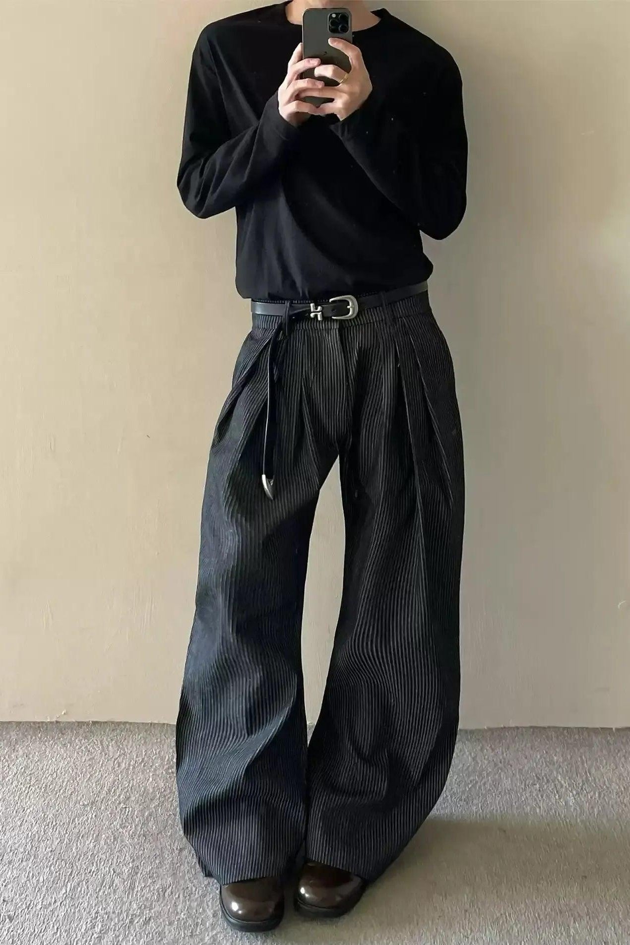 Pleated Striped Wide Leg Pants