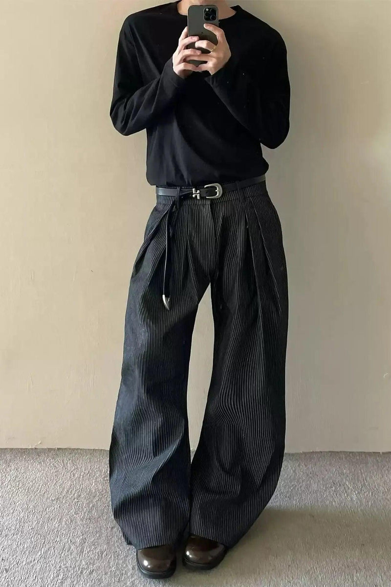 Pleated Striped Wide Leg Pants