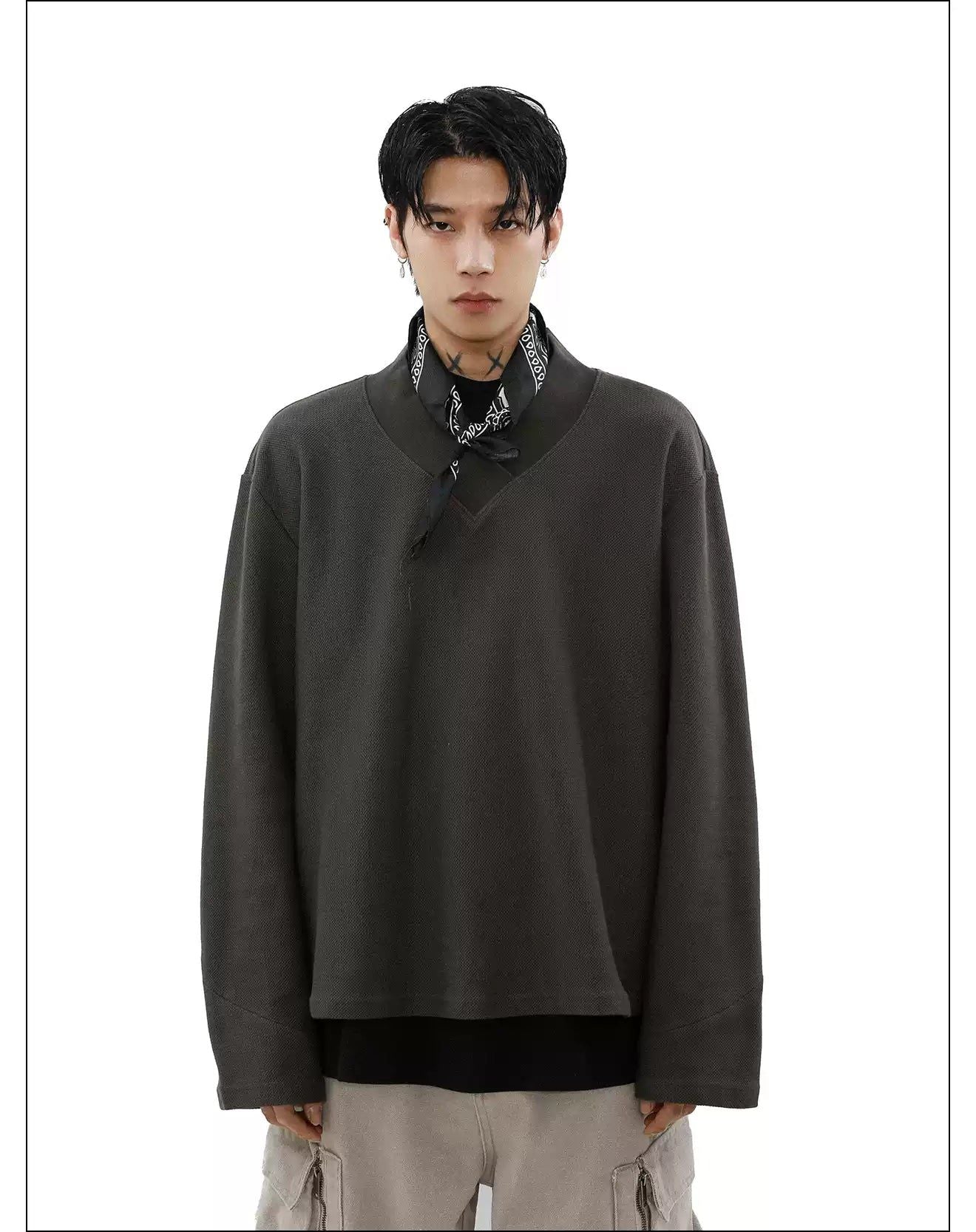 Textured V-Neck Long Sleeve T-Shirt