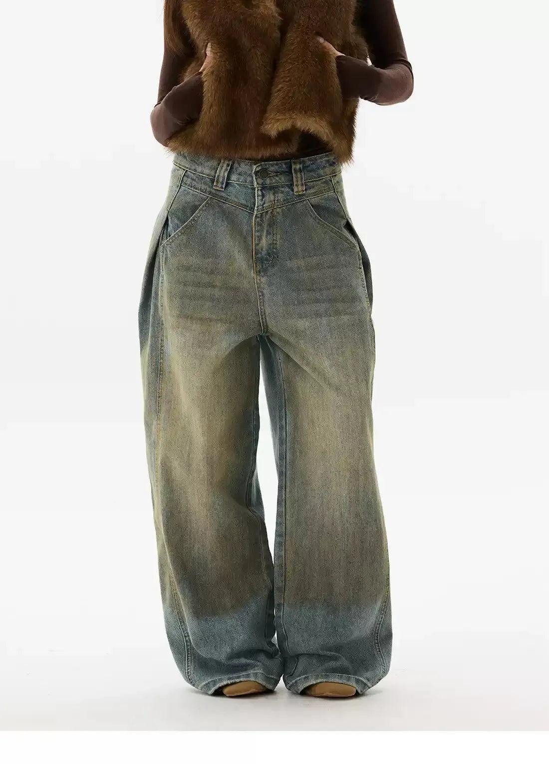Mud Faded Fold Pleated Jeans