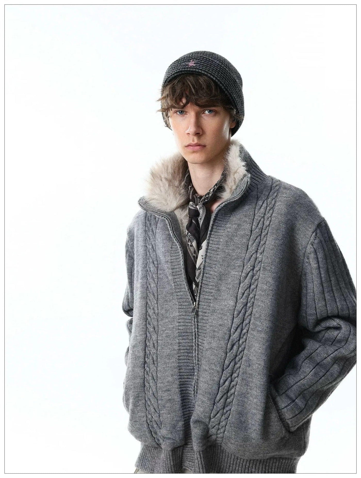 Faux Fur Lined Zipped Knit Jacket