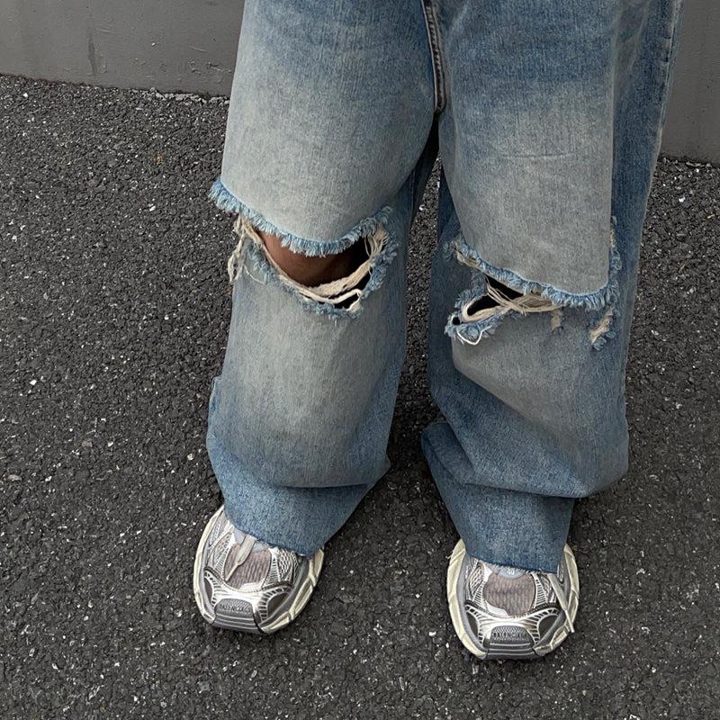 Washed Ripped Knee Wide Leg Jeans