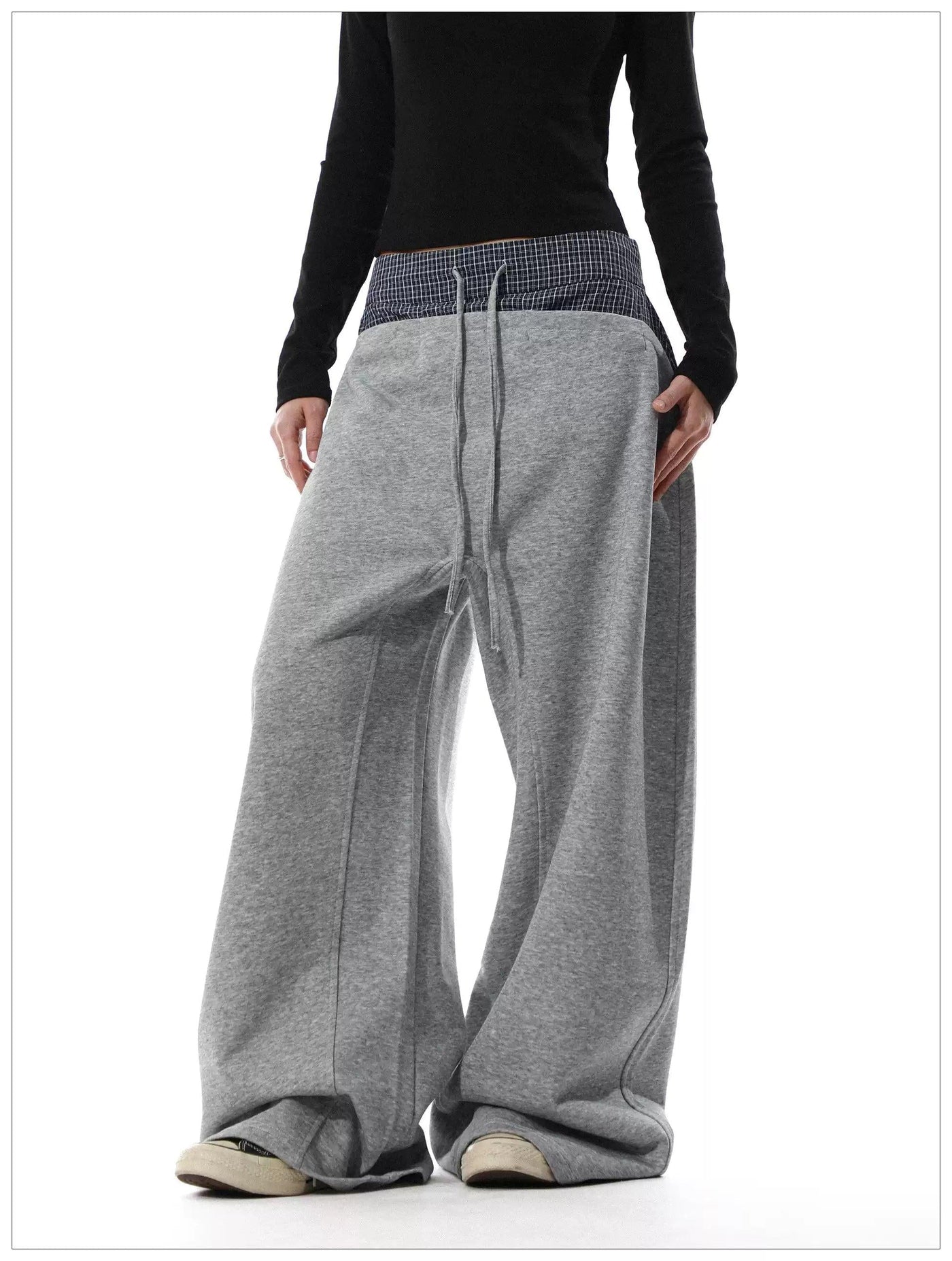 Drawstring Plaid Waist Wide Sweatpants