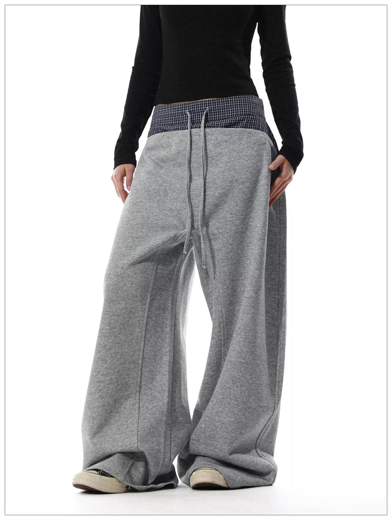 Drawstring Plaid Waist Wide Sweatpants