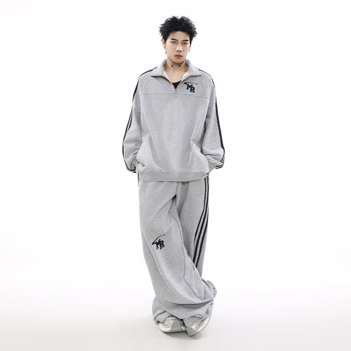 Logo Embroidery Side Stripes Half-Zip & Sweatpants Set