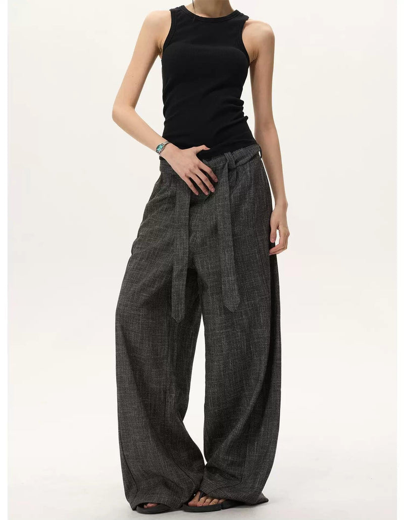 Cloth Belt Textured Loose Fit Pants