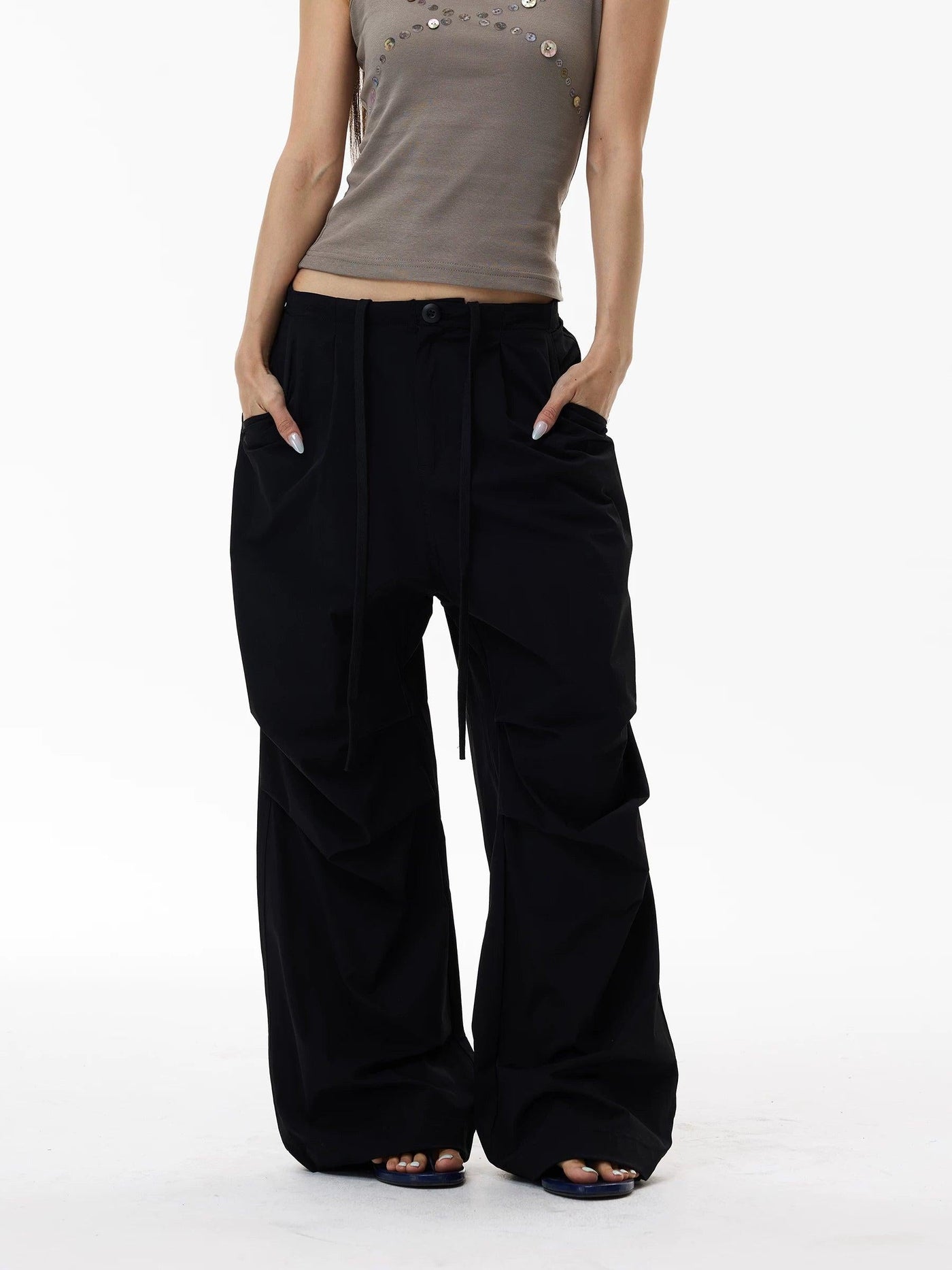 Drawstring Pleated Parachute Pants