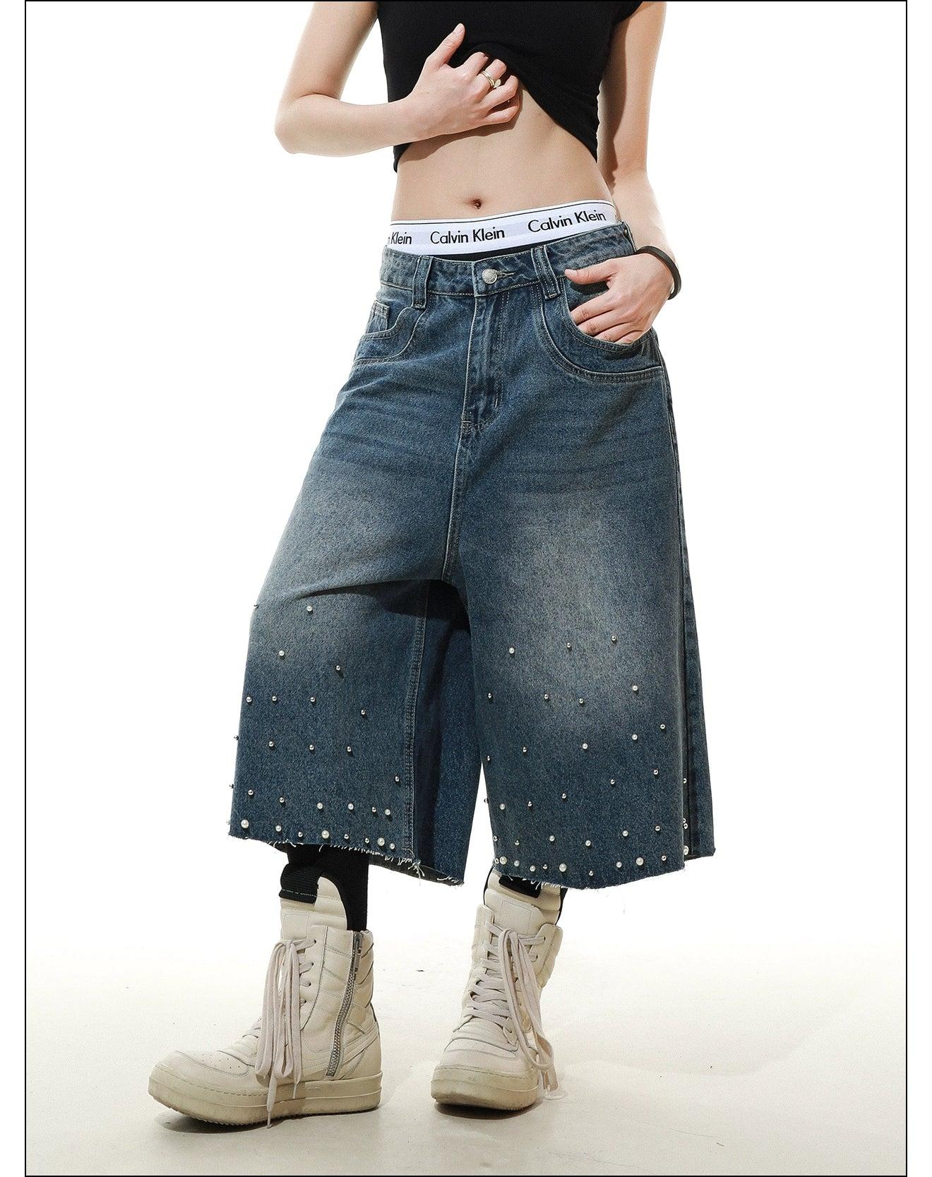 Pearled and Faded Denim Shorts