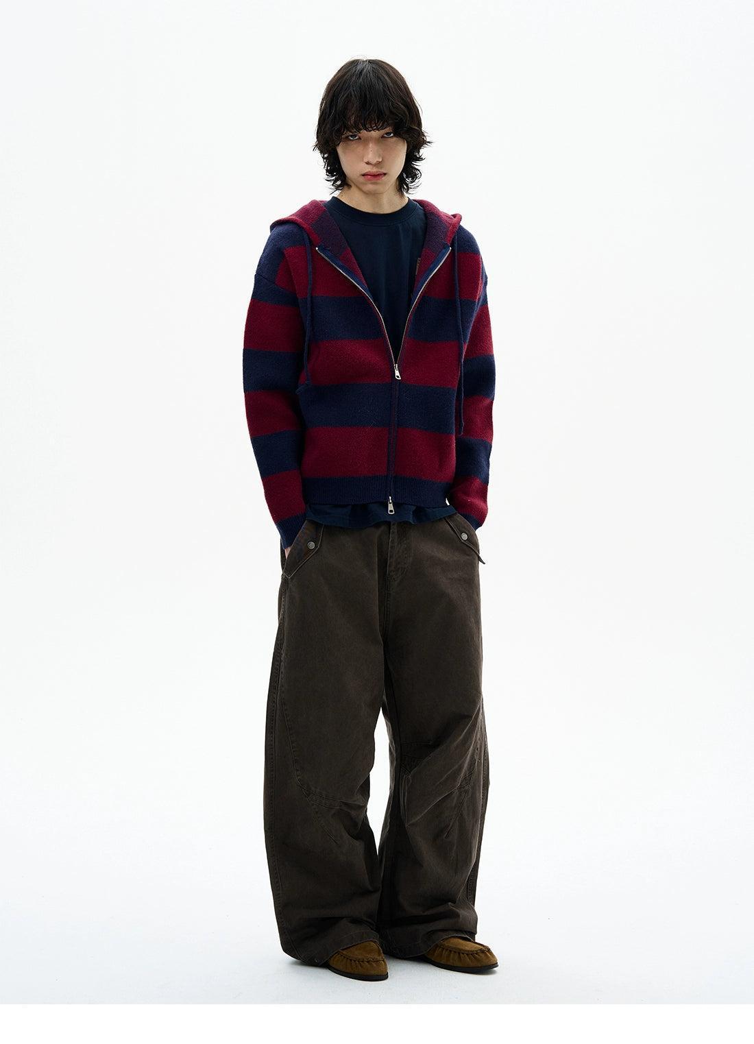Wide Striped Zip-Up Knit Hoodie