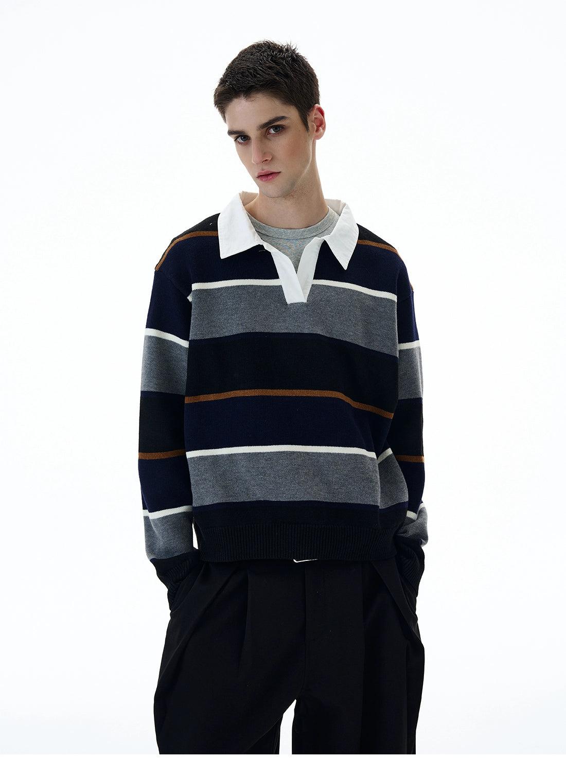 Striped Wide Bars V-Neck Polo