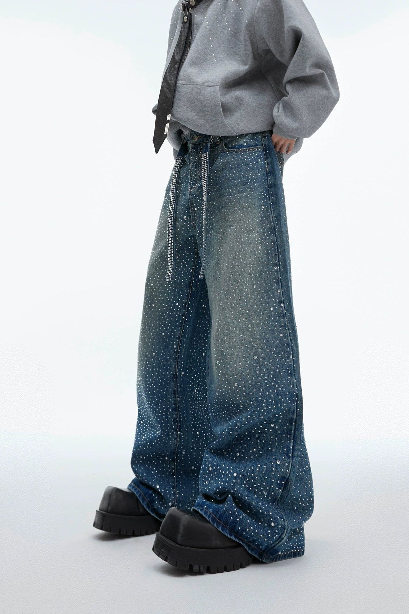 Rhinestone Detail Faded Jeans