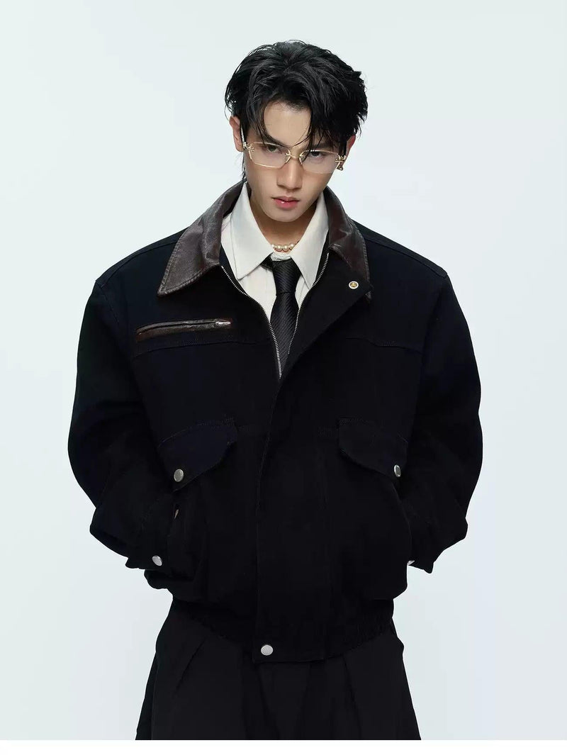 Faux Leather Collar Denim Jacket