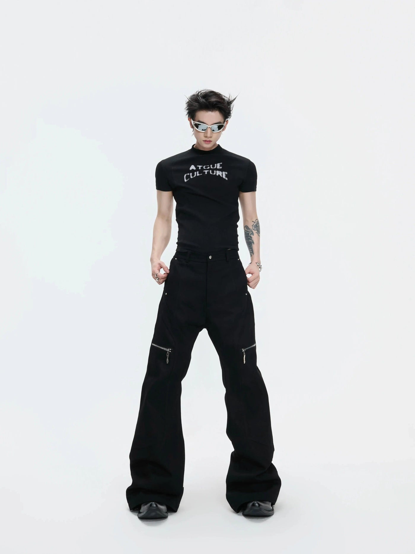 Metal Zipper Flared Trousers