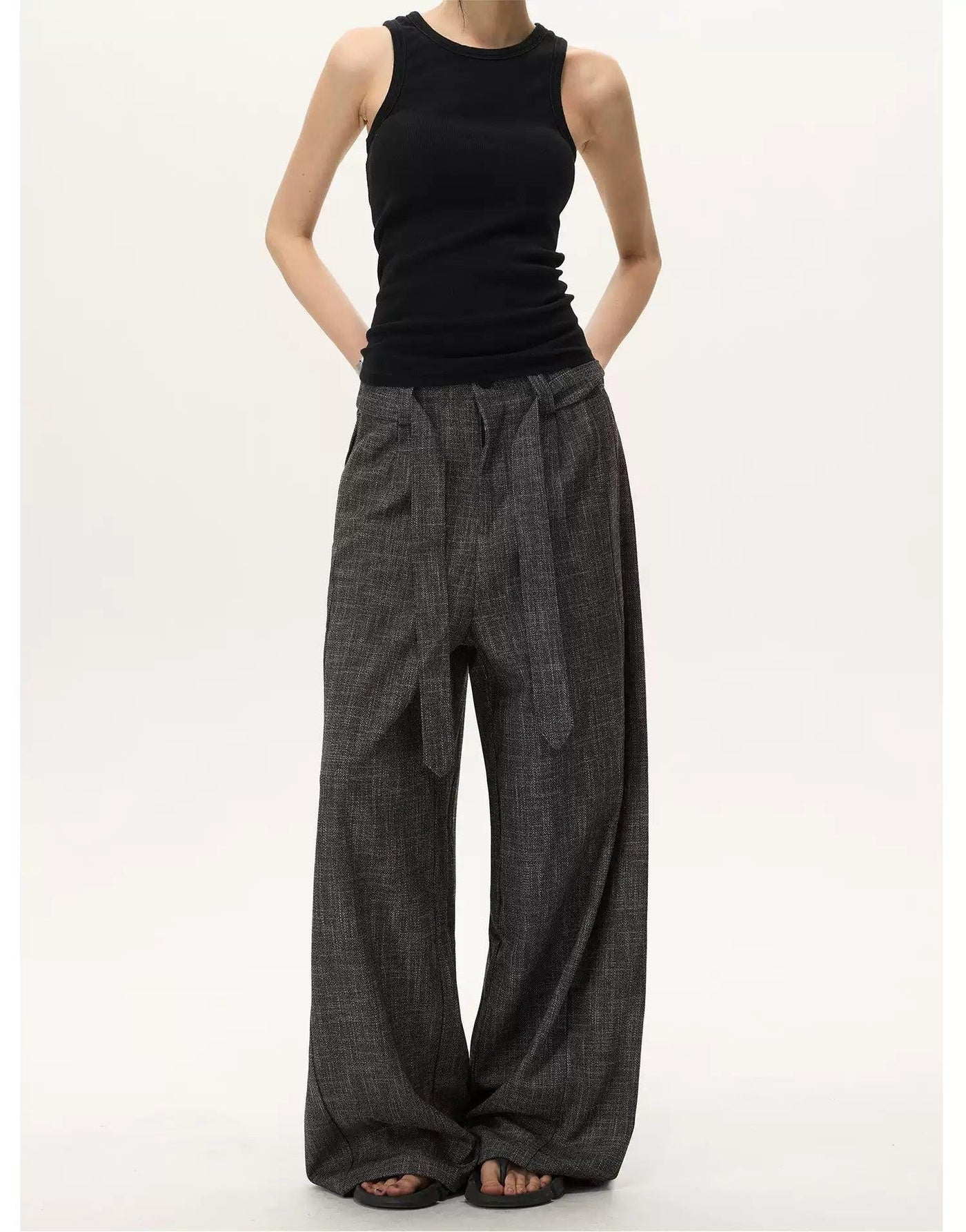 Cloth Belt Textured Loose Fit Pants