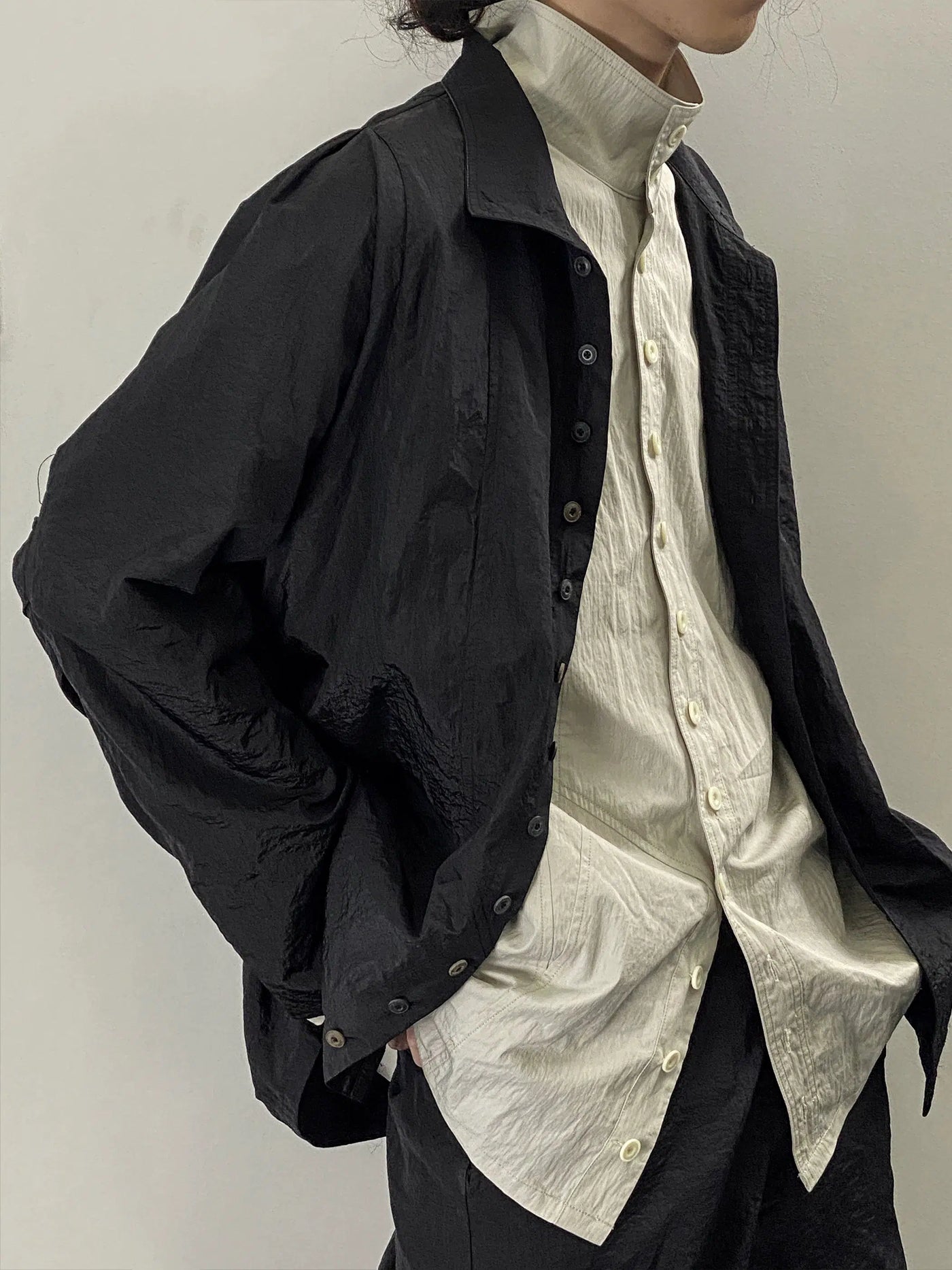 Stand Up Collar Buttoned Long Sleeve Shirt
