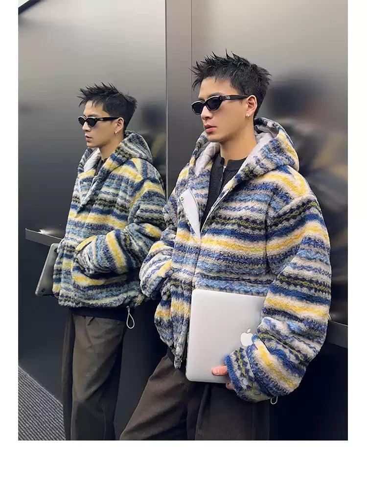 Contrast Striped Hooded Fleece Jacket