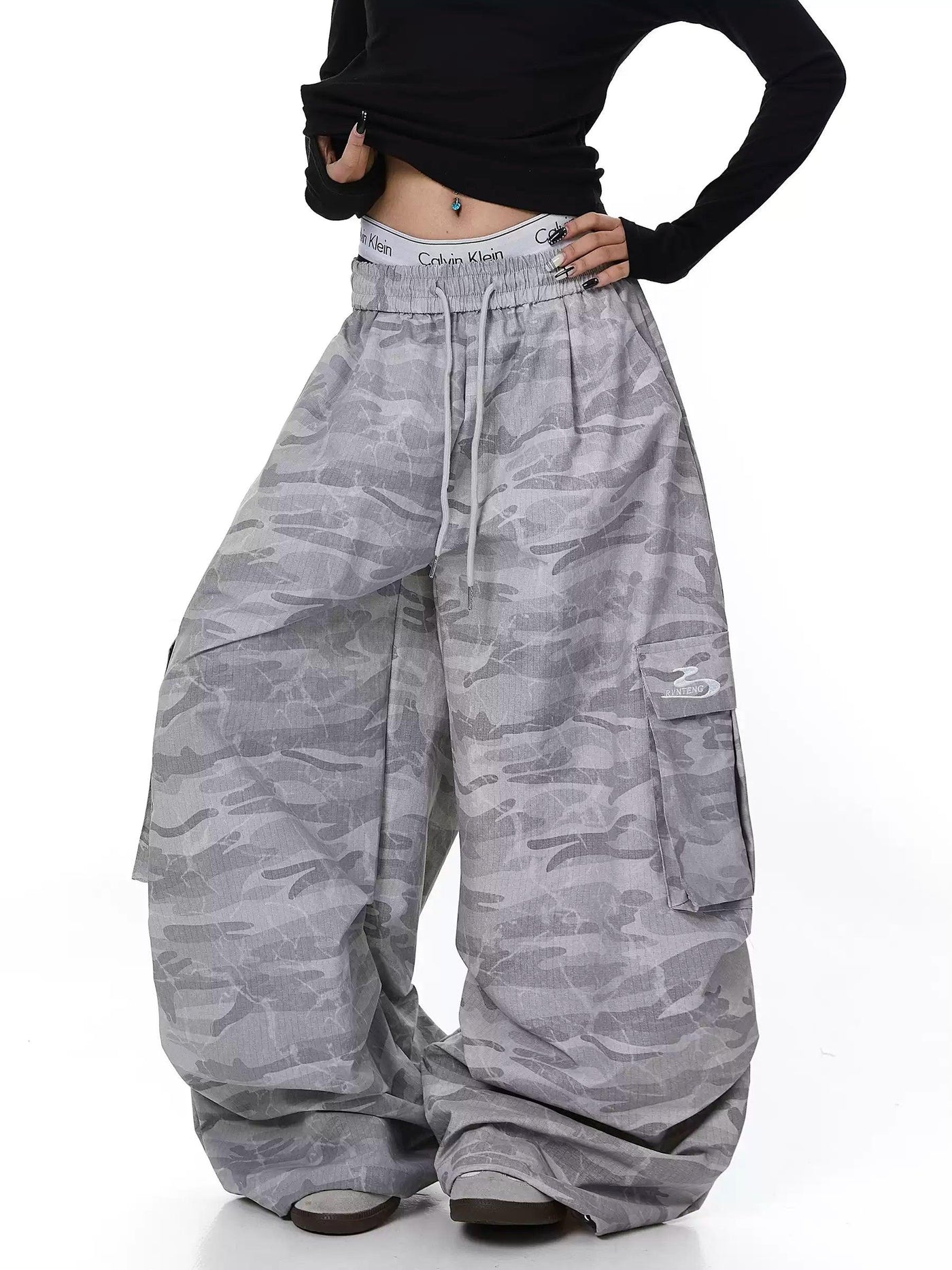 Drawstring Camo Wide Leg Cargo Pants
