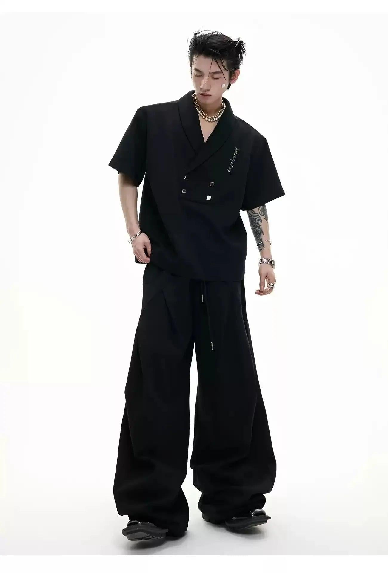 Metal Embellished Shoulder Pad T-Shirt & Pleated Sweatpants Set