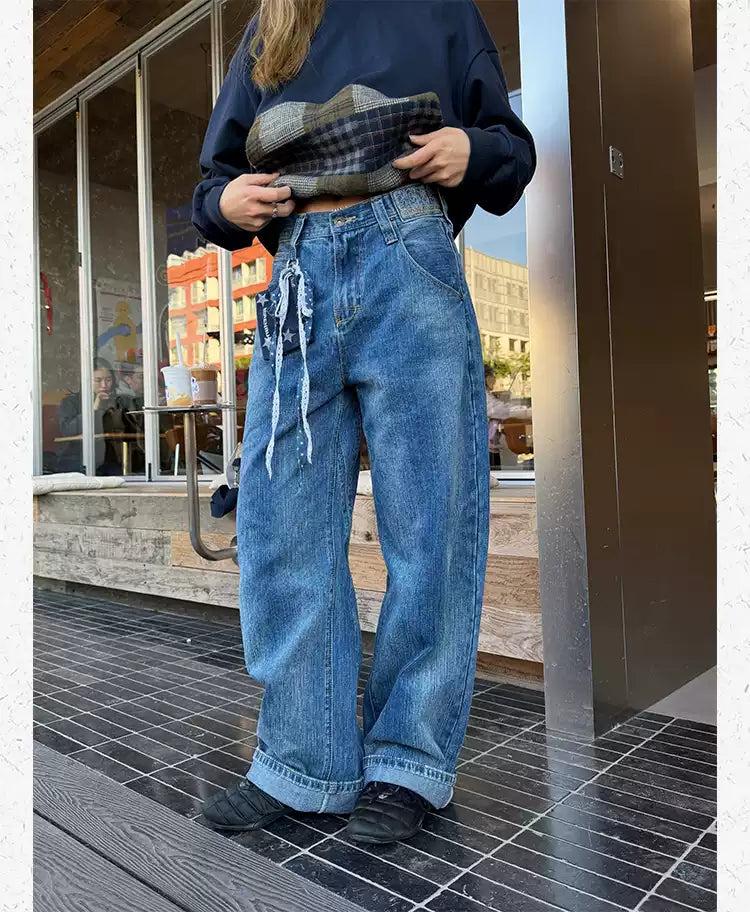 Bamboo Pattern Washed Wide Leg Jeans