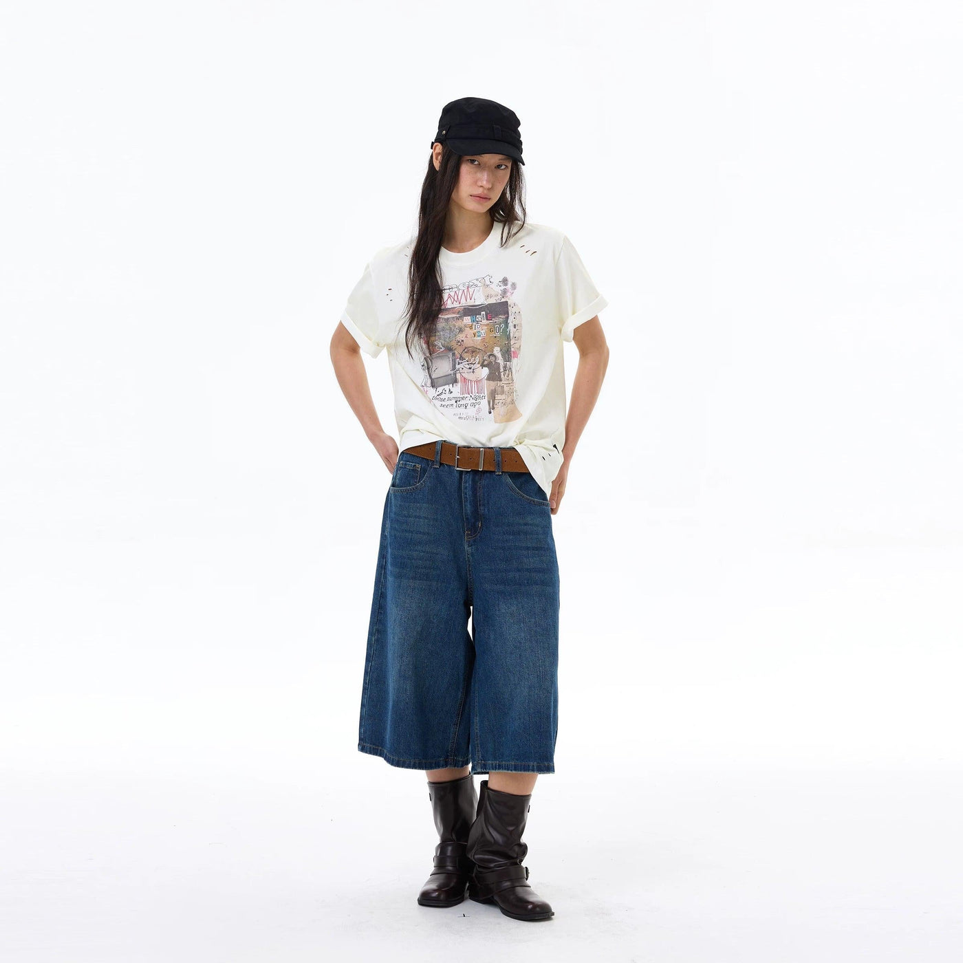 Wide Leg Mid-Length Denim Shorts