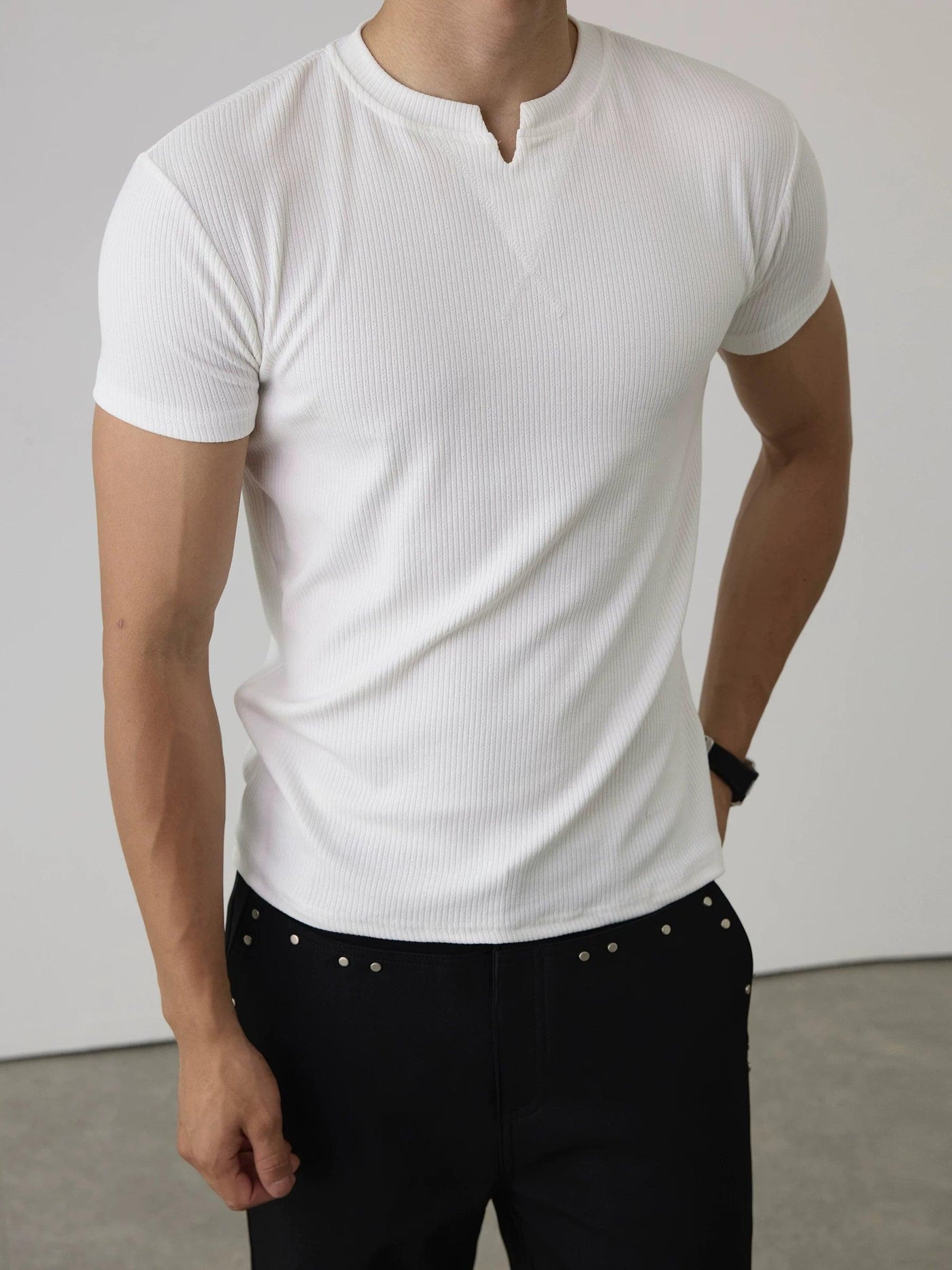 Fitted V-Neck Ribbed T-Shirt