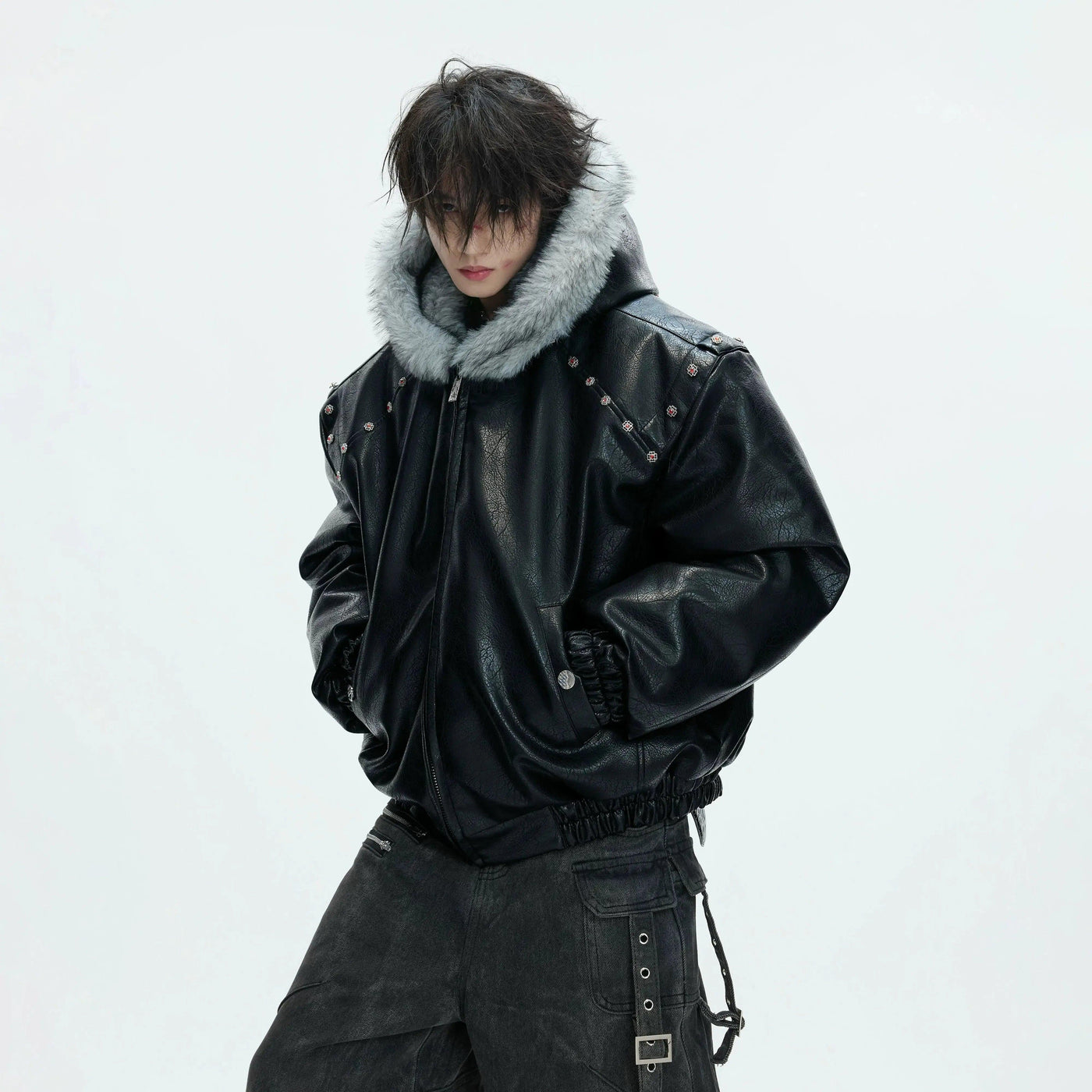 Faux Fur Hood Detailed PU Leather Jacket
