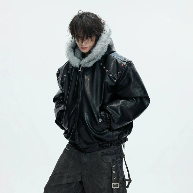 Faux Fur Hood Detailed PU Leather Jacket