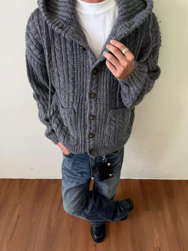 Twisted Knit Hooded Buttoned Sweater
