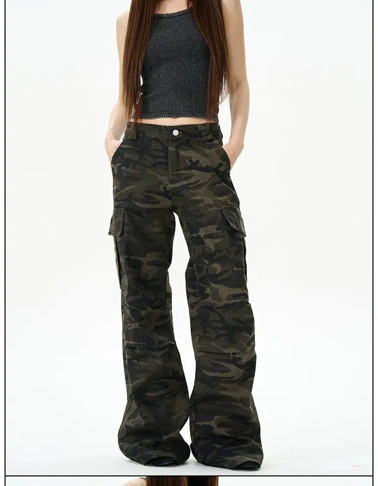 Dark Camouflage Flared Cargo Pants