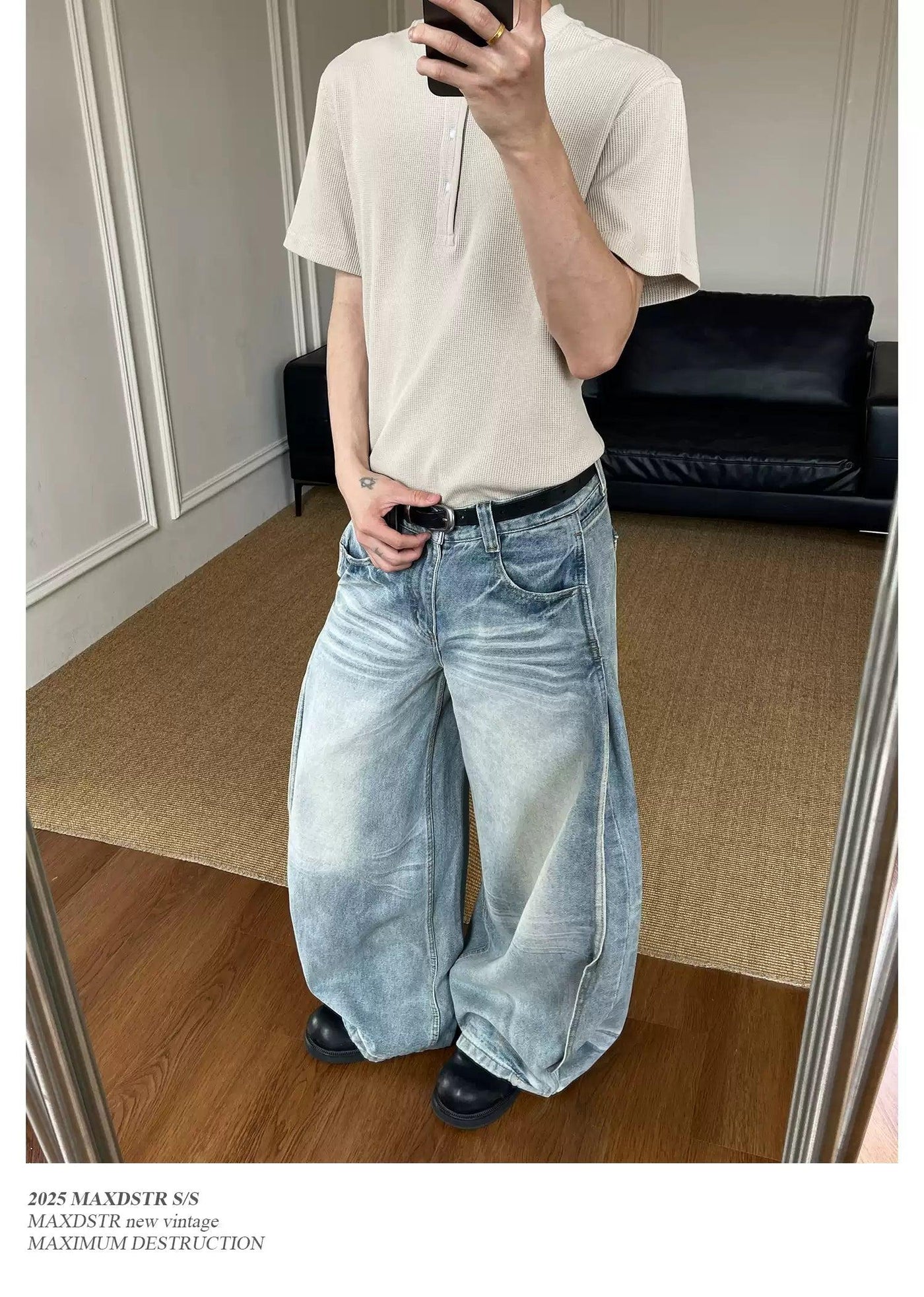 Whiskered Pleats Wide Leg Jeans