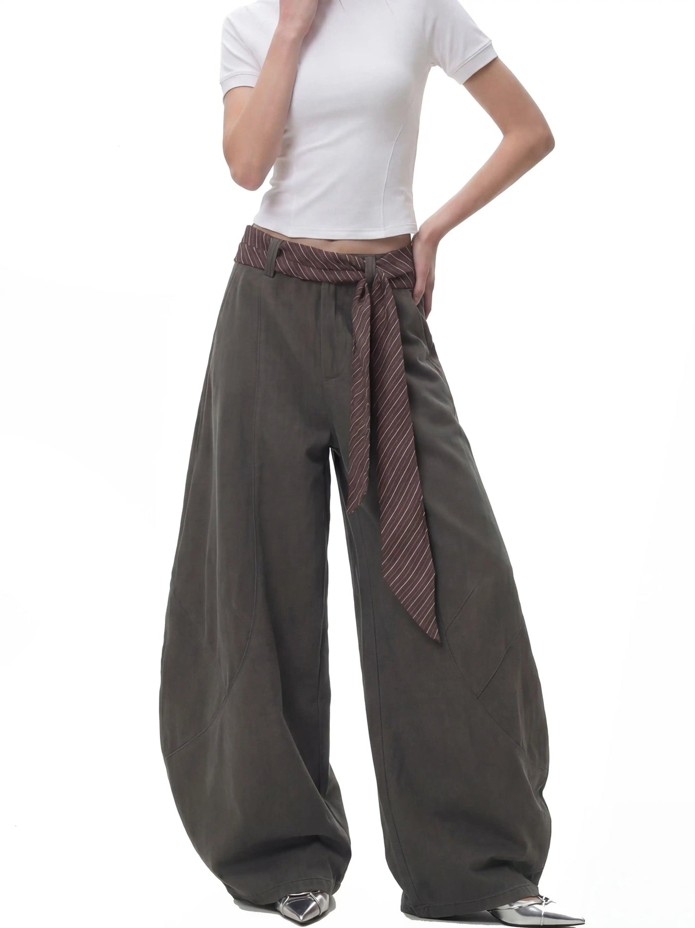 Plaid Belt Structured Wide Leg Pants