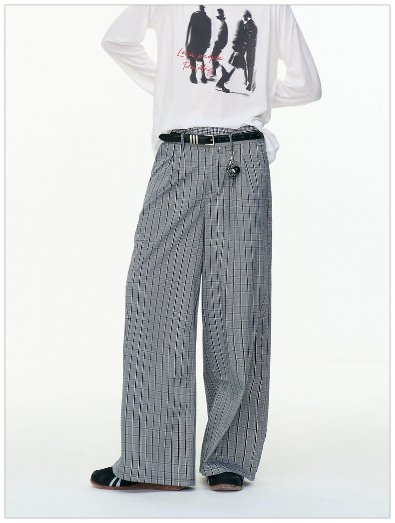 Plaid Pattern Straight Leg Wide Pants