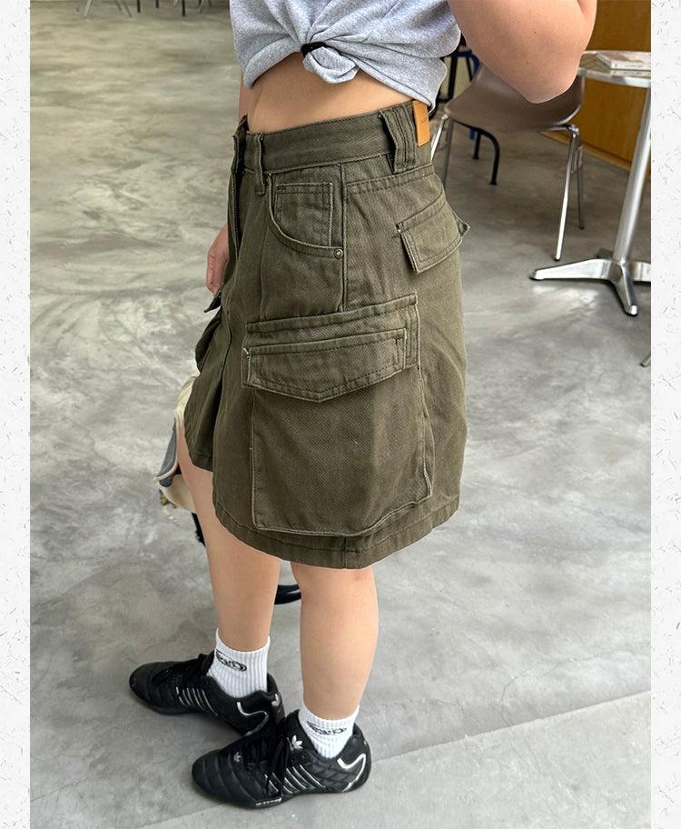 Multi-Pocket Cargo Denim Skirt