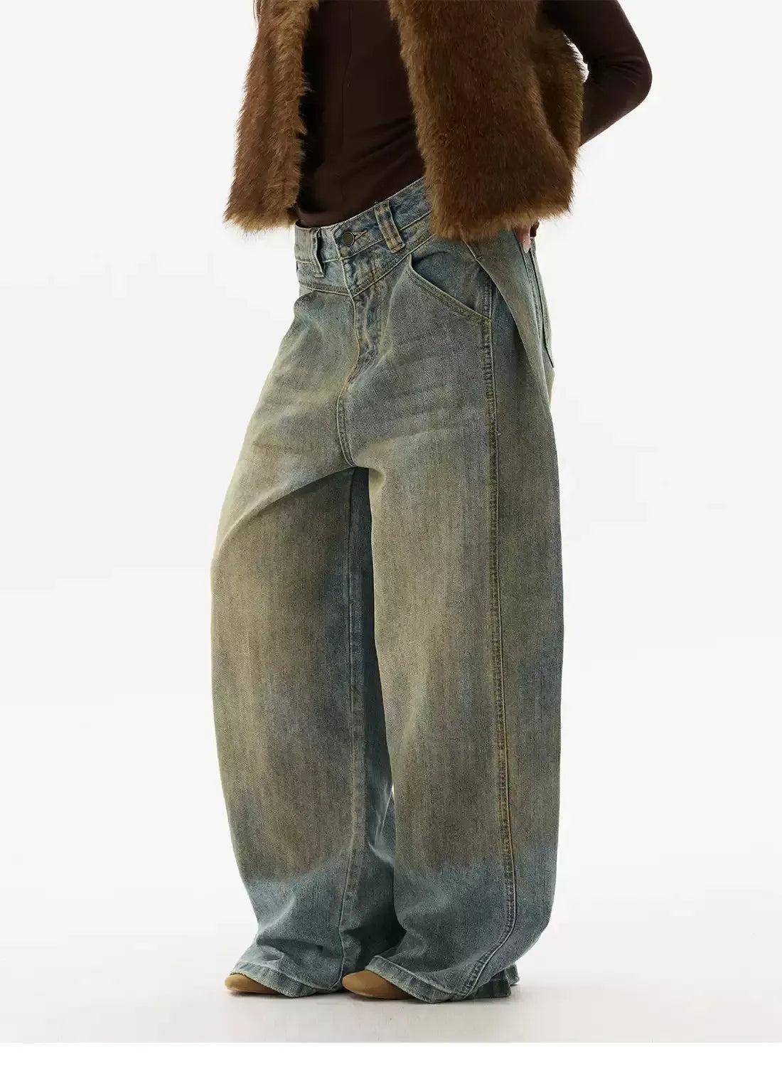 Mud Faded Fold Pleated Jeans