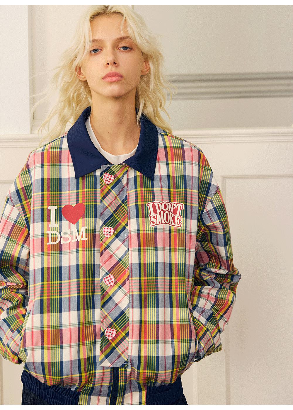 Plaid Pattern Heart Buttoned Jacket