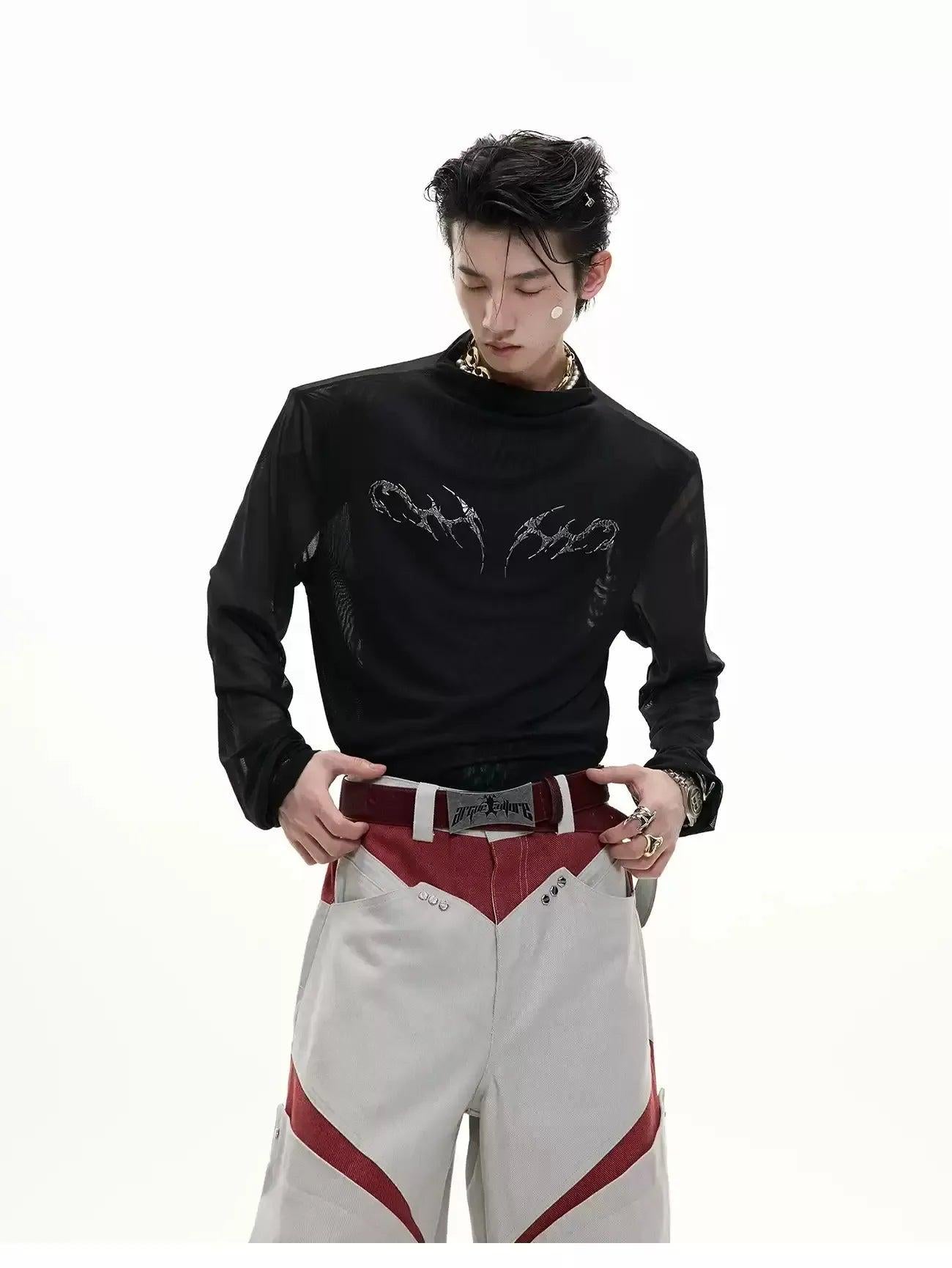 Metallic Print Mesh Long Sleeve T-Shirt