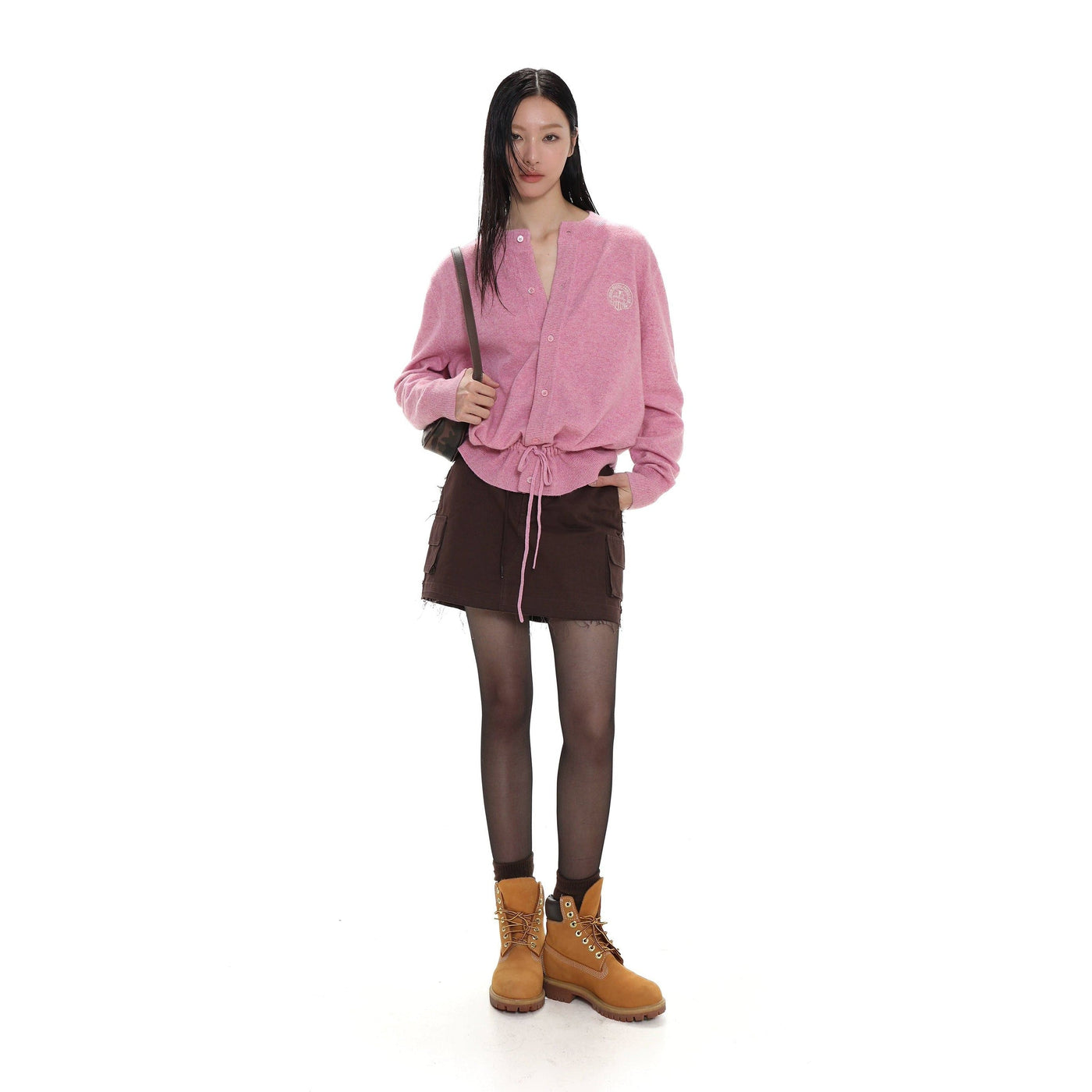 Drawstring Buttoned Knit Cardigan