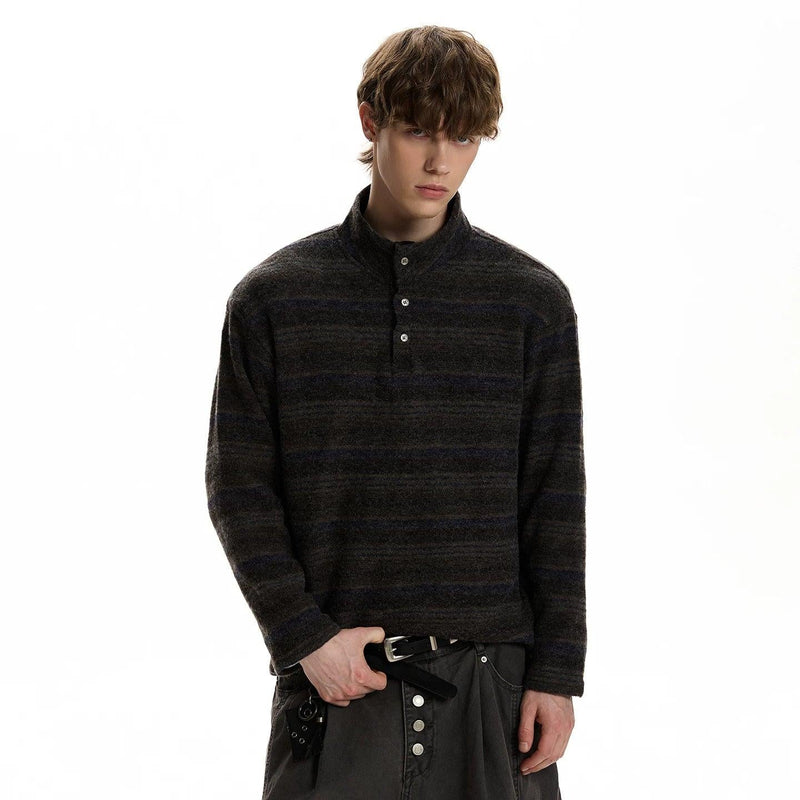 Textured Striped Half-Buttoned Mockneck