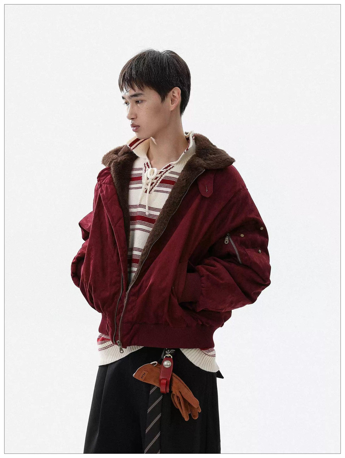 Fur-Trimmed Ribbed Hem Bomber Jacket