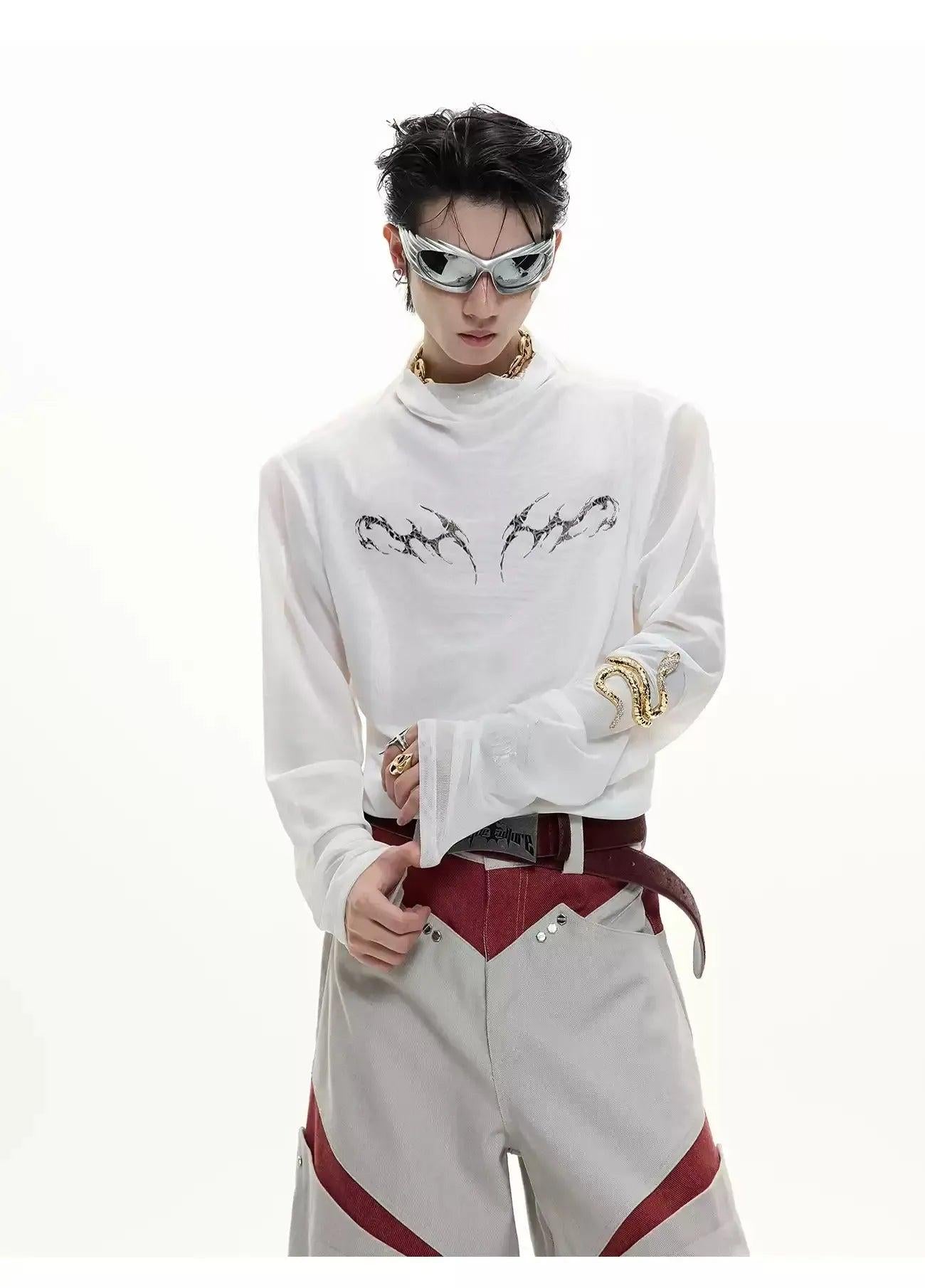 Metallic Print Mesh Long Sleeve T-Shirt