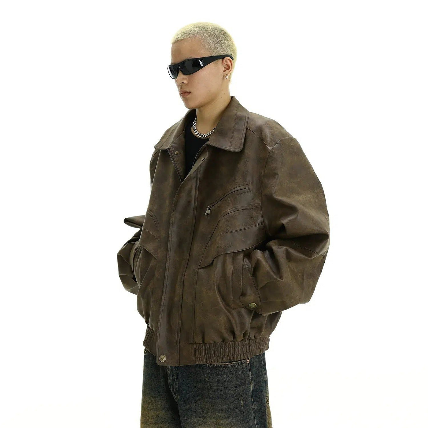 Tie-Dyed Lapel PU Leather Jacket