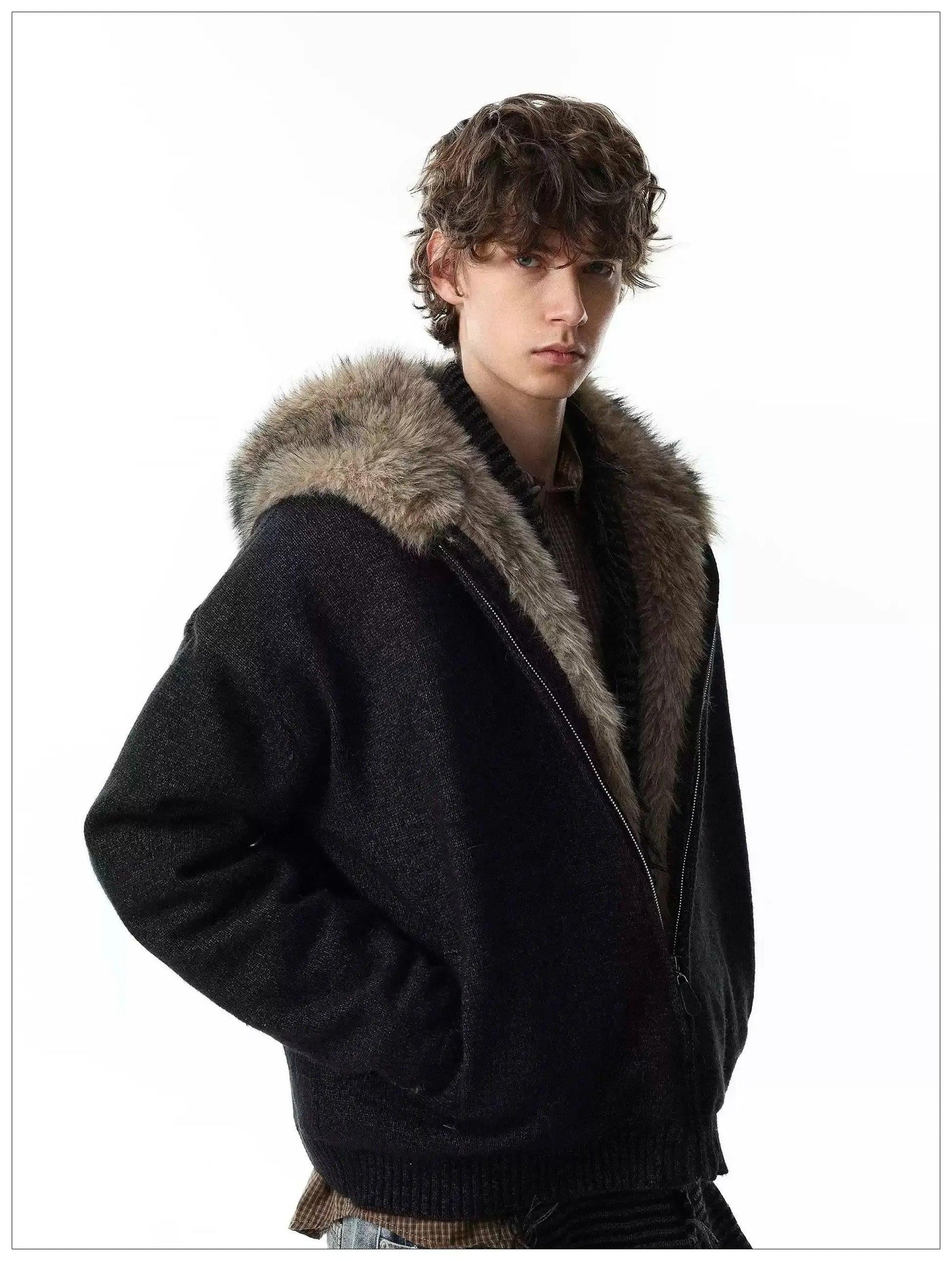Faux Fur Lined Hooded Knit Jacket