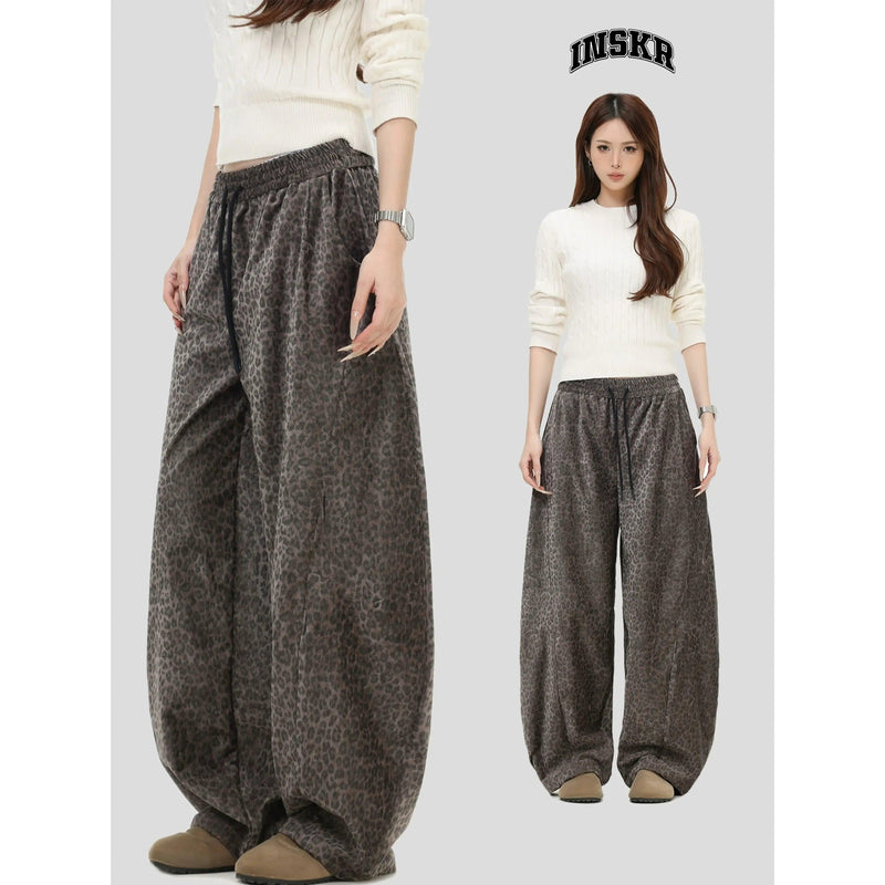 Drawstring Leopard Print Wide Pants
