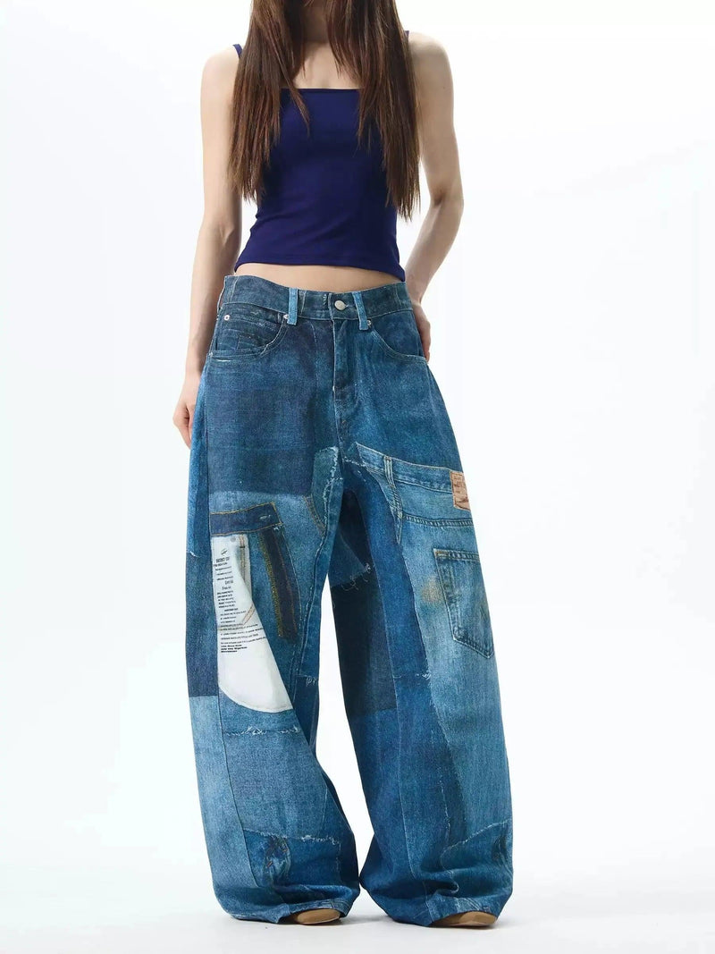 Digital Print Wide Leg Jeans