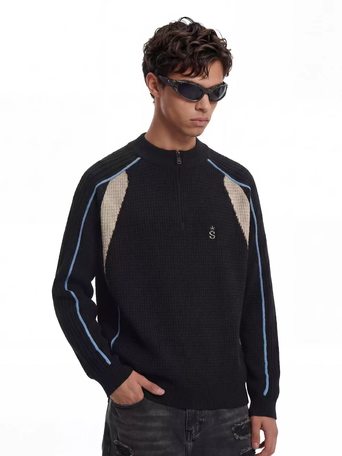 Waffle Grid Half-Zip Sweater