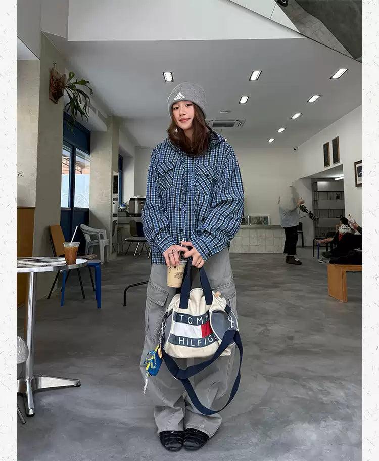 Plaid Pocket Buttoned Hoodie